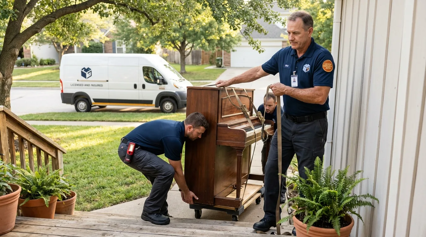 Licensed piano movers securing grand piano in Kings Mountain, NC