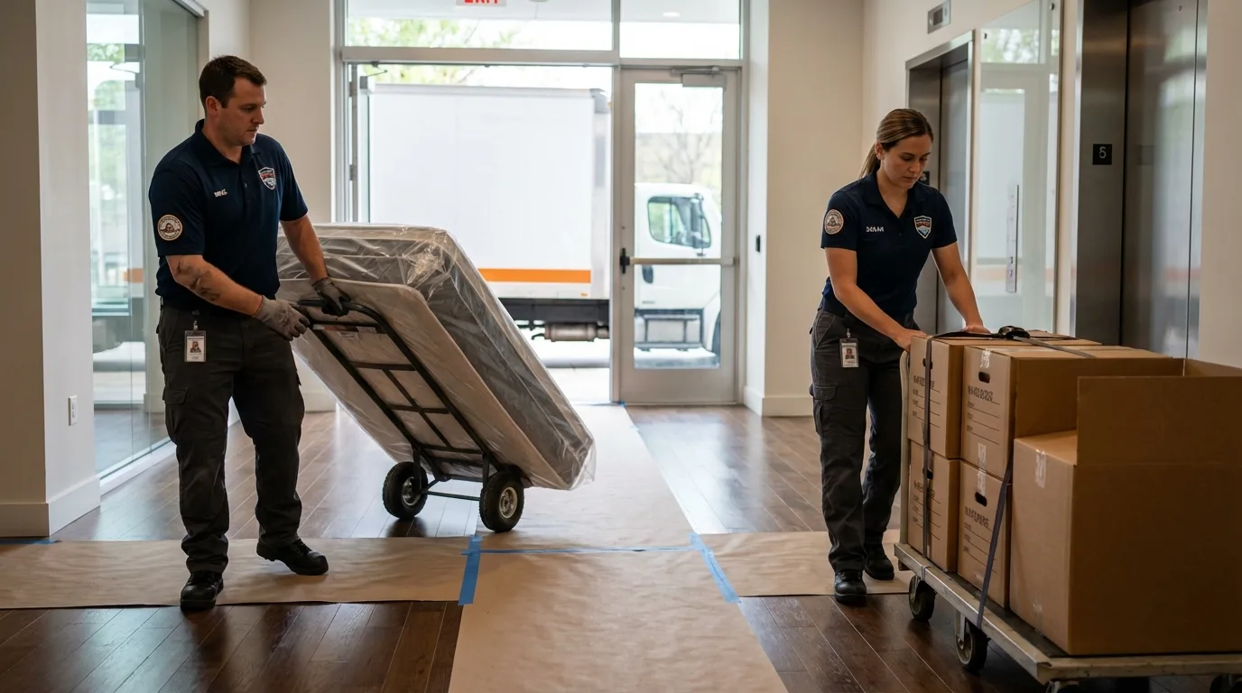 Professional apartment movers loading elevator in Kings Mountain, NC